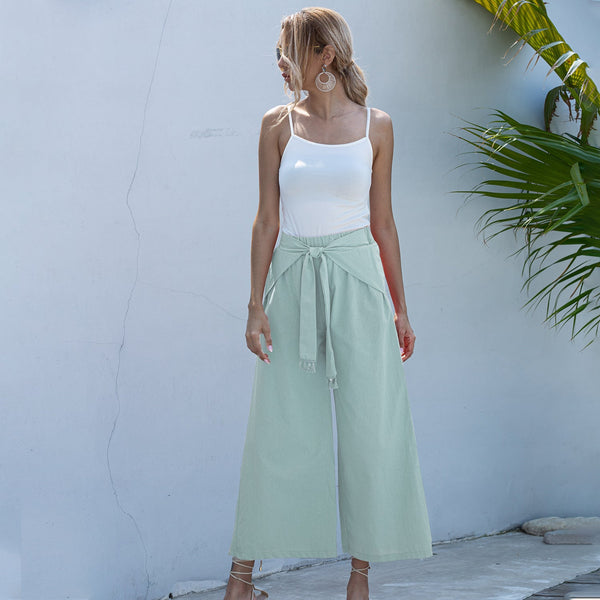 Wide leg tie belt trousers