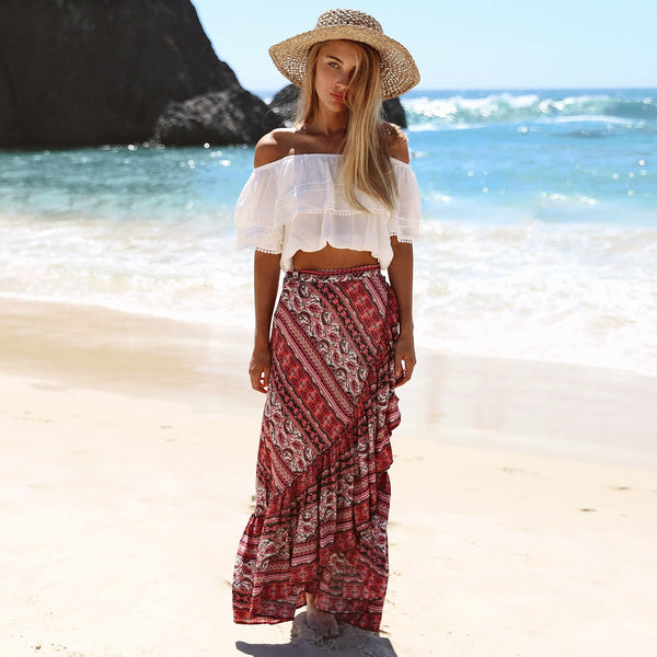 Printed long ruffle skirt