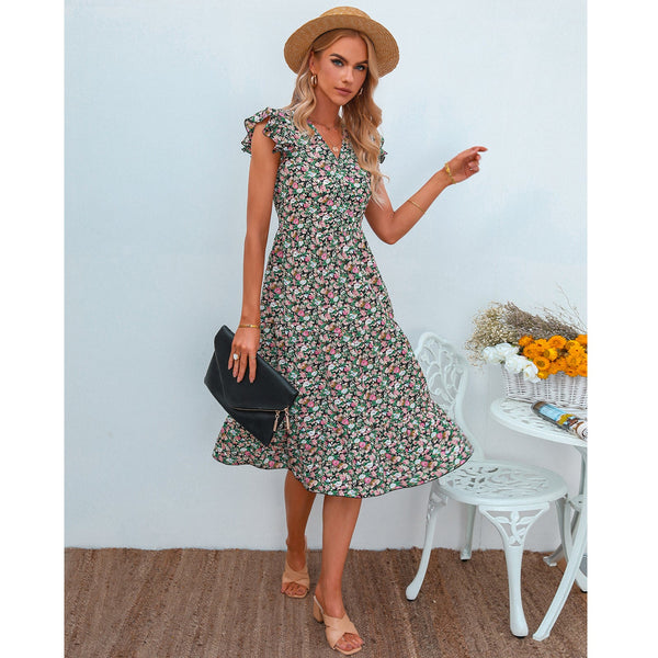 Printed flutter sleeve swing midi dress