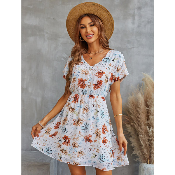 Short Sleeve Printed V-Neck Mini Dress