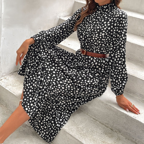 High neck long sleeve swing maxi dress