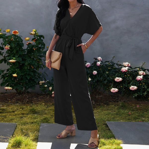 V-neck tie waist jumpsuit