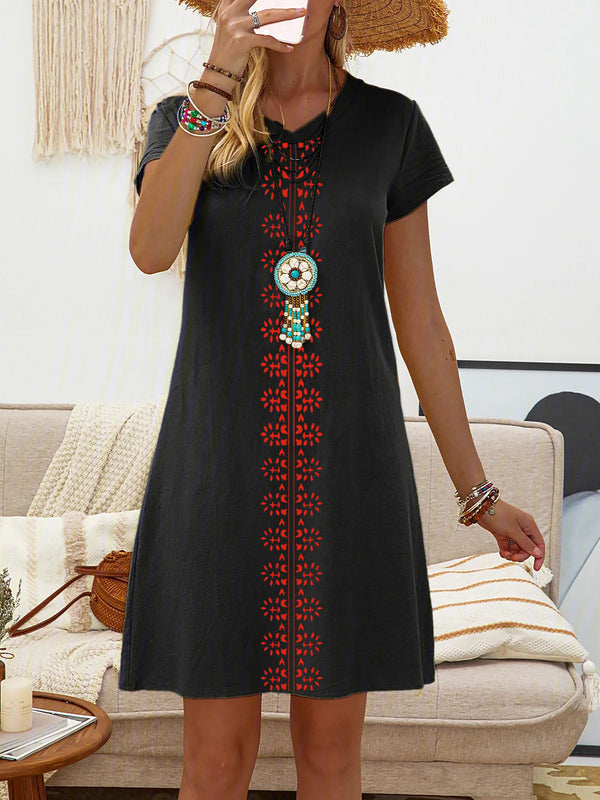 Women's V-neck Short-sleeved Printed Cotton And Linen Dress