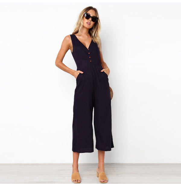 V-neck backless button jumpsuit