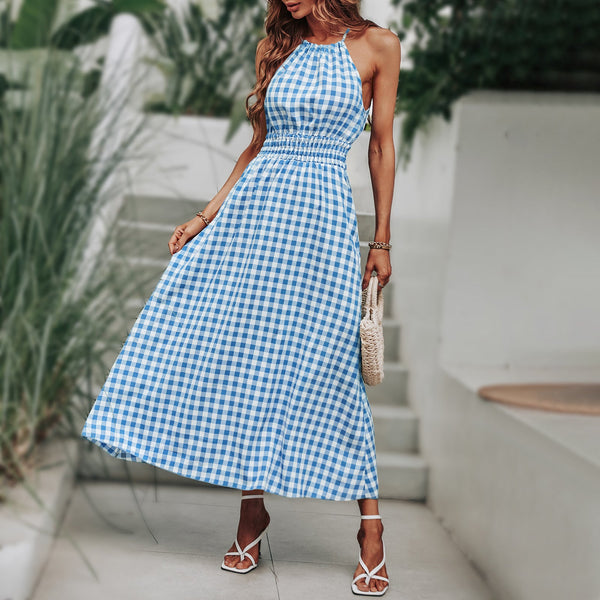 Long printed halter swing dress