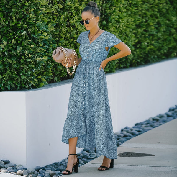 Long button front tiered maxi dress