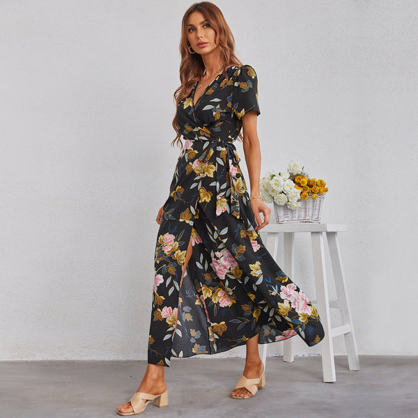 Long printed side slit maxi dress