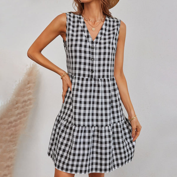 V-neck Skirt Fashion Plaid Sleeveless Dress