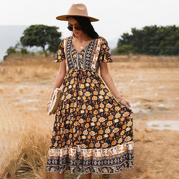 Printed short sleeve swing dress