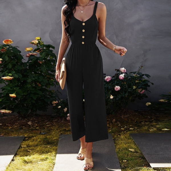 Front button strapless jumpsuit