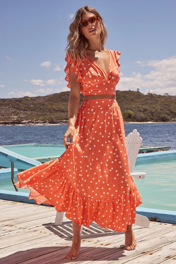 Women's Low Cut V Neck Polka Dot Print Long Dress